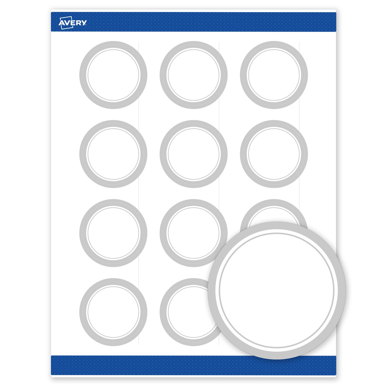 Avery Printable Round Labels with Sure Feed Technology, Pre-Printed Silver Mirror Metallic Design, Matte White, 2" Diameter, Laser & Inkjet Compatible, 120 Total
